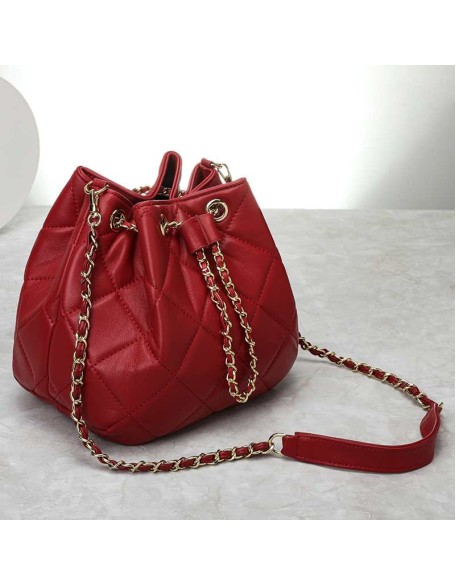 Promotion Ladies Quilted Draw string Genuine Sheepskin Leather Bucket Bag ladies handbags genuine leather custom