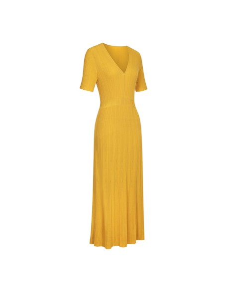 Knitwear manufacturers custom orange v neck rib elegant woman summer casual long dresses sweater knit women's dresses