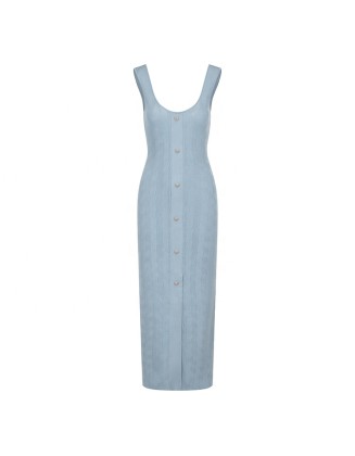 Knitwear manufacturers custom sky blue round neck sleeveless elegant casual korean dress for women sweater knit women's dresses