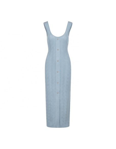 Knitwear manufacturers custom sky blue round neck sleeveless elegant casual korean dress for women sweater knit women's dresses