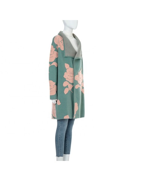 Knitwear manufacturer Winter new long sleeved green classic lapel mid length women knitted sweater coat