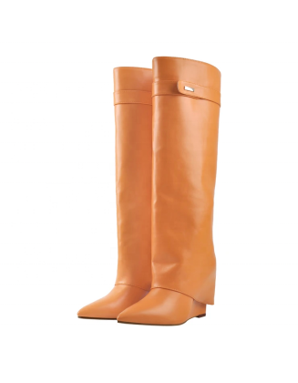 Factory new design women knee high boots 2021 fall season wedge shoes small MOQ Wholesaler price heels