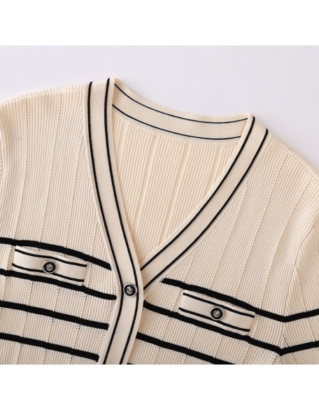 Knitwear manufacturers custom autumn striped v neck elegant casual pictures formal dresses women sweater knit women's dresses