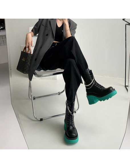 Fall season women's flat boat safety boots chunky heel round toe PU lace up shoes with chain