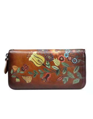 Women's Wallet Genuine Leather Zip Around Wristlet Long Purse Vintage Embossing Cowhide Large Capacity Handmade Clutch Wallet
