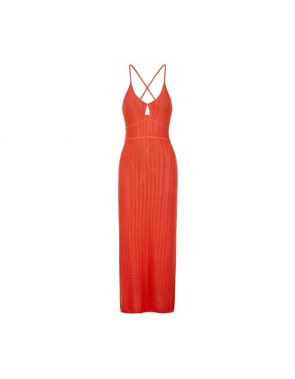 Knitwear manufacturers custom summer red halter backless hollow out elegant casual korean long dress women sweater knit dresses