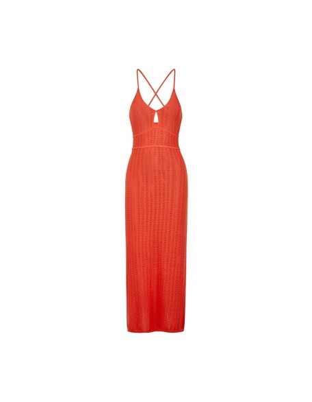 Knitwear manufacturers custom summer red halter backless hollow out elegant casual korean long dress women sweater knit dresses