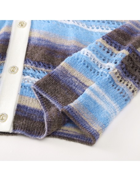 Knitwear manufacturer custom v neck long sleeved striped hollow out knitted cardigan sweater women