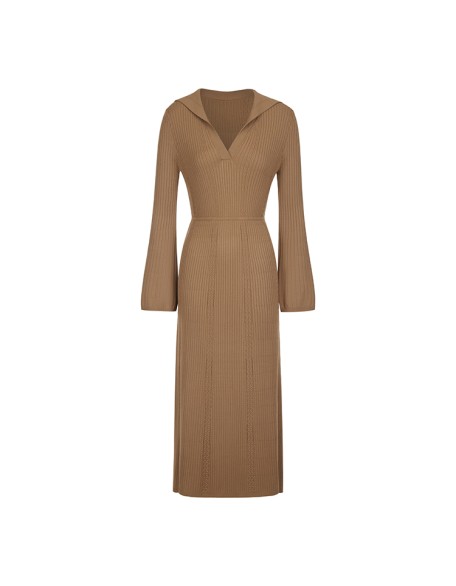 Knitwear manufacturers custom brown sailor collar long sleeve maxi elegant casual oversized dresses for women sweater knit dress