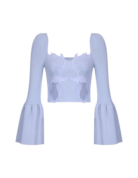 Knitwear manufacturers custom embroidery rib elegant flare sleeve loose casual pullover sweater for women knit sweater women