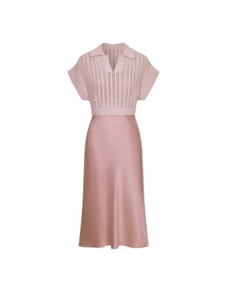Knitwear manufacturers custom hollow out pullover slip dress two piece set midi dresses women elegant casual knit women's dress