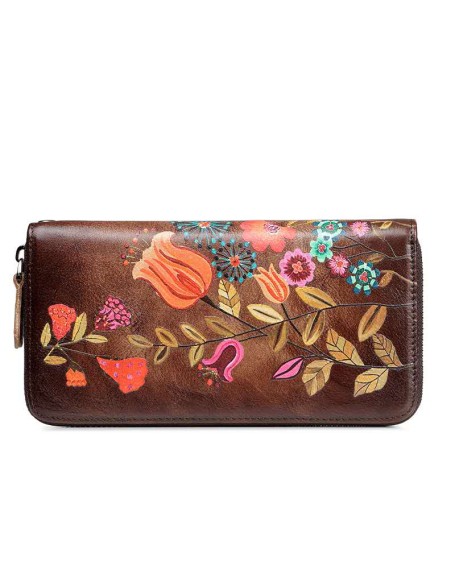 Women's Wallet Genuine Leather Zip Around Wristlet Long Purse Vintage Embossing Cowhide Large Capacity Handmade Clutch Wallet