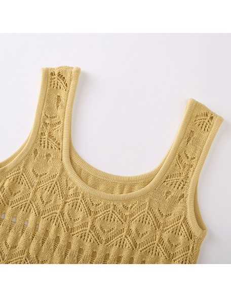 Knitwear manufacturers custom summer gold round neck sleeveless hollow out elegant casual fairy dress women sweater knit dresses