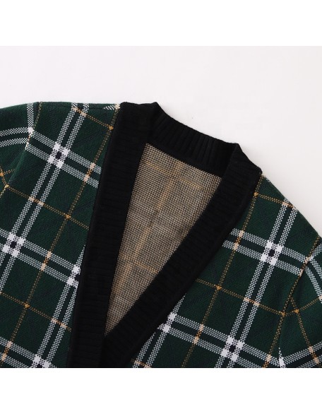 Knitwear manufacturer custom winter warm v neck knit long sleeved plaid cardigan sweater for women