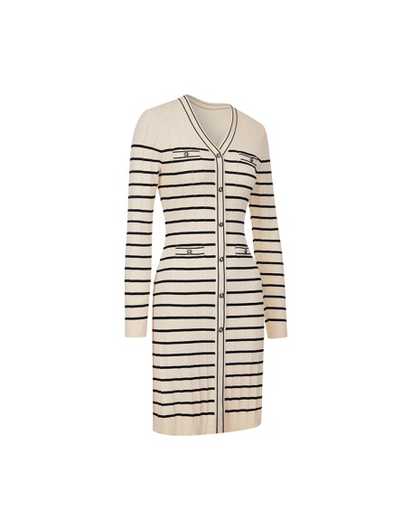 Knitwear manufacturers custom autumn striped v neck elegant casual pictures formal dresses women sweater knit women's dresses