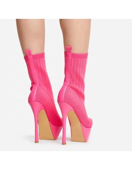 Platform knit material shoes women high heels boots women shoes with pointy toe