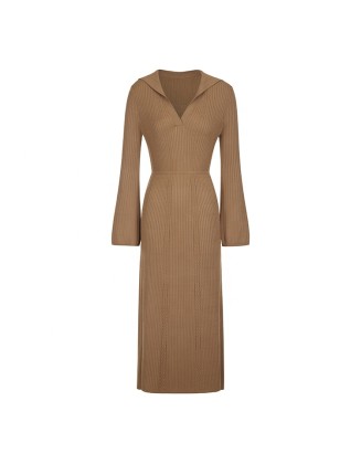 Knitwear manufacturers custom brown sailor collar long sleeve maxi elegant casual oversized dresses for women sweater knit dress
