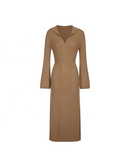 Knitwear manufacturers custom brown sailor collar long sleeve maxi elegant casual oversized dresses for women sweater knit dress