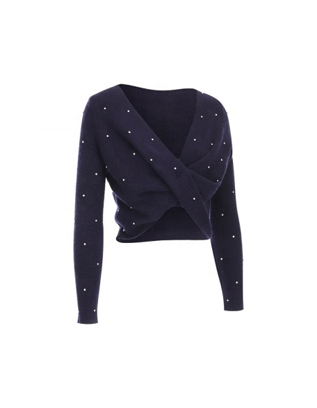 Knitwear manufacturer custom new spring loose cross V-neck temperament top beading knit cardigan women's sweater