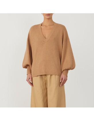 Knitwear manufacturers custom organic cotton cashmere elegant casual v-neck long sleeve women's sweater for winter knit sweater