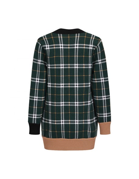 Knitwear manufacturer custom winter warm v neck knit long sleeved plaid cardigan sweater for women