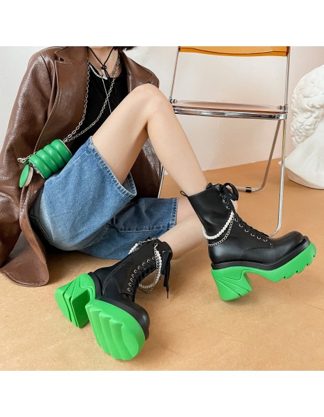 Fall season women's flat boat safety boots chunky heel round toe PU lace up shoes with chain