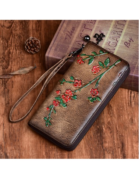 2022 New Arrival Wholesale Artist Purses Multi Card Slots Holder Long Style Genuine Cow Leather Flower Wallets for Women