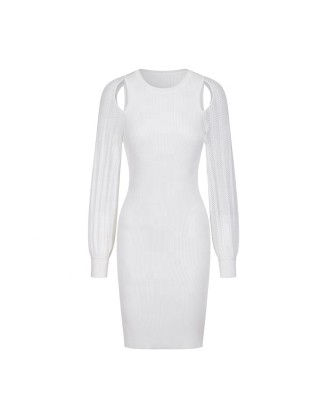 Knitwear manufacturers custom white round neck long sleeve elegant casual dresses women sexy formal sweater knit women's dresses