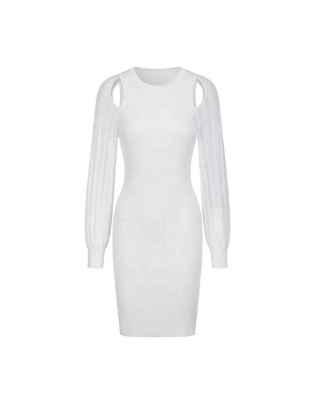 Knitwear manufacturers custom white round neck long sleeve elegant casual dresses women sexy formal sweater knit women's dresses