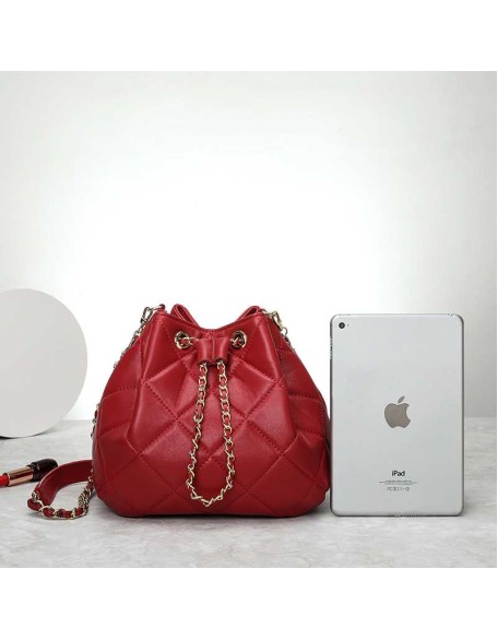 Promotion Ladies Quilted Draw string Genuine Sheepskin Leather Bucket Bag ladies handbags genuine leather custom