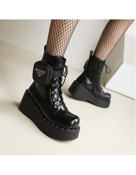 Black color round toe platform shoes women ankle boots with lace up style boat shoes casual footwear