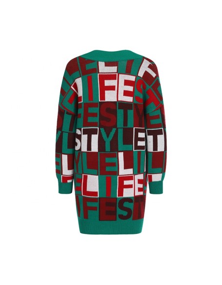 Knitwear manufacturer custom new v neck long sleeved monogram jacquard knitted cardigan coat women's sweater