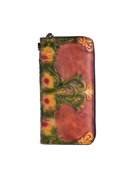 Wholesalers Fashion Designer Genuine Leather Handmade Flower Zipper Women Long Wallet Coin Purse