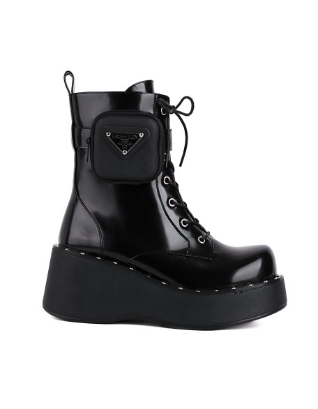 Black color round toe platform shoes women ankle boots with lace up style boat shoes casual footwear