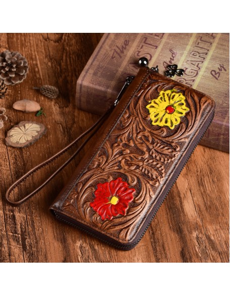 New Arrival Hot Selling Real Leather Embossed Flower Purse Luxury Carved Long Wallets for Women