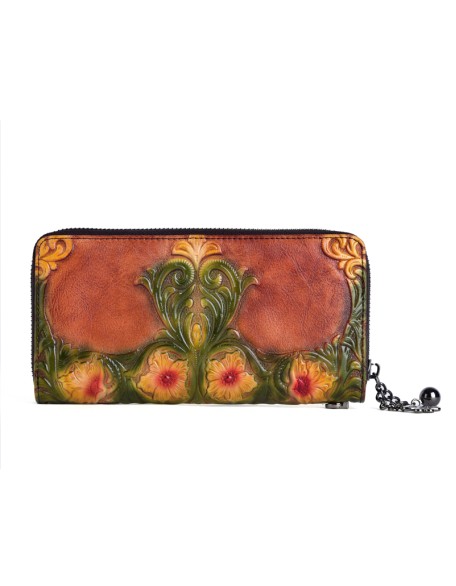 Wholesalers Fashion Designer Genuine Leather Handmade Flower Zipper Women Long Wallet Coin Purse
