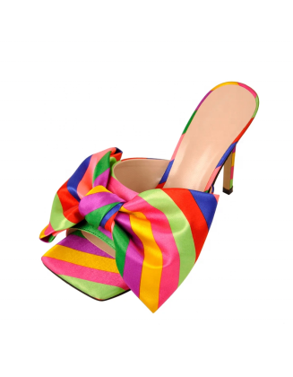 Big Bow tie Rainbow color slide sandal slipper footwear mule heels slip on fashion shoes factory price Satin  material upper