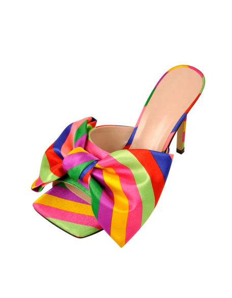Big Bow tie Rainbow color slide sandal slipper footwear mule heels slip on fashion shoes factory price Satin  material upper
