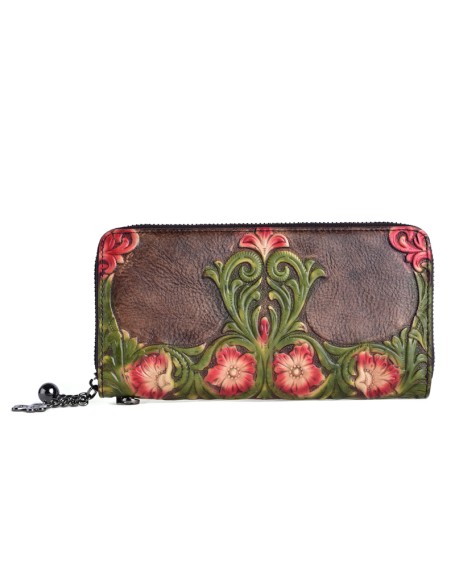 Wholesalers Fashion Designer Genuine Leather Handmade Flower Zipper Women Long Wallet Coin Purse