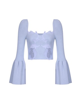Knitwear manufacturers custom embroidery rib elegant flare sleeve loose casual pullover sweater for women knit sweater women