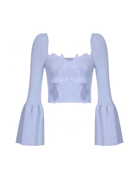 Knitwear manufacturers custom embroidery rib elegant flare sleeve loose casual pullover sweater for women knit sweater women