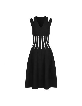 Knitwear manufacturers custom summer black v neck sleeveless sexy fashion casual plus size sweater dress knitted women's dresses