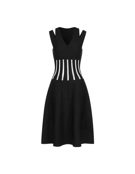 Knitwear manufacturers custom summer black v neck sleeveless sexy fashion casual plus size sweater dress knitted women's dresses