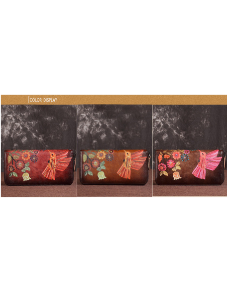 Women's Wallet Genuine Leather Zip Around Wristlet Long Purse Vintage Embossing Cowhide Large Capacity Handmade Clutch Wallet