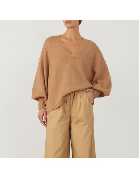 Knitwear manufacturers custom organic cotton cashmere elegant casual v-neck long sleeve women's sweater for winter knit sweater