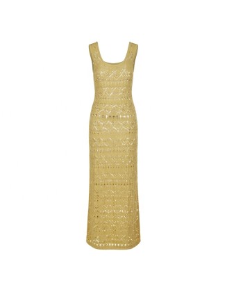 Knitwear manufacturers custom summer gold round neck sleeveless hollow out elegant casual fairy dress women sweater knit dresses