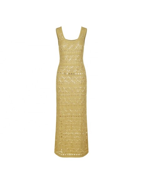 Knitwear manufacturers custom summer gold round neck sleeveless hollow out elegant casual fairy dress women sweater knit dresses