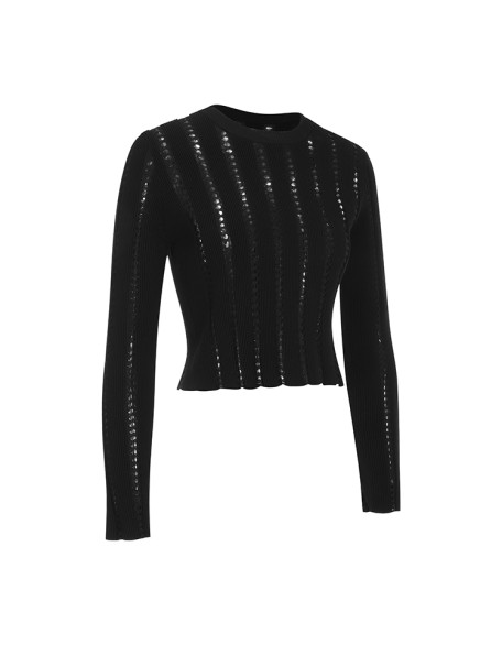Knitwear manufacturers custom black roundneck long sleeve hollow out casual sweaters for women with design knit sweater
