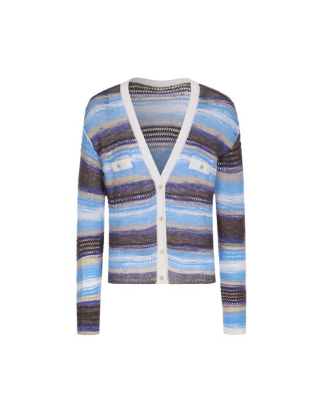 Knitwear manufacturer custom v neck long sleeved striped hollow out knitted cardigan sweater women