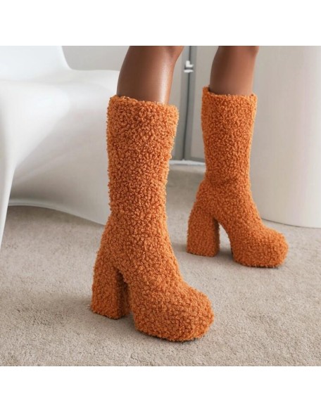 Fur upper boots women fashion block heels winter shoes boots for lady and girls in stock shoes
